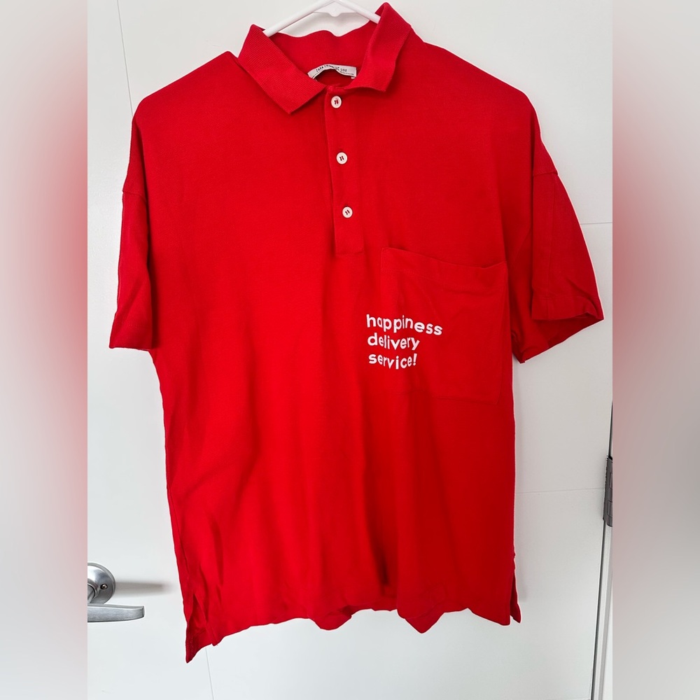 ZARA Red "Happiness Delivery Service" Graphic Pocket Polo Shirt